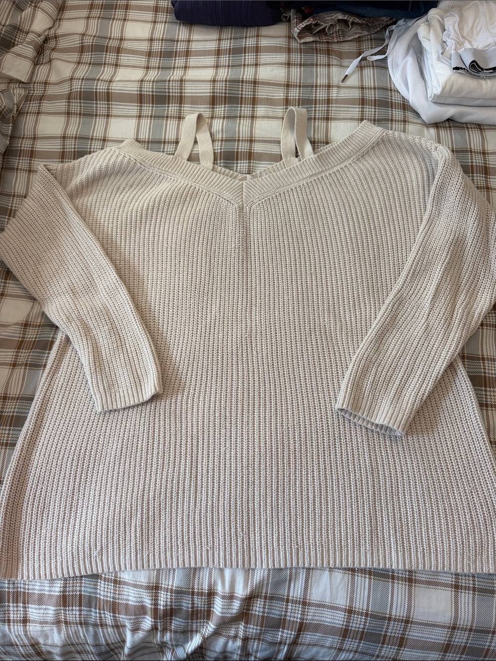 Torrid Cold Shoulder Cream V-Neck Ribbed Sweater